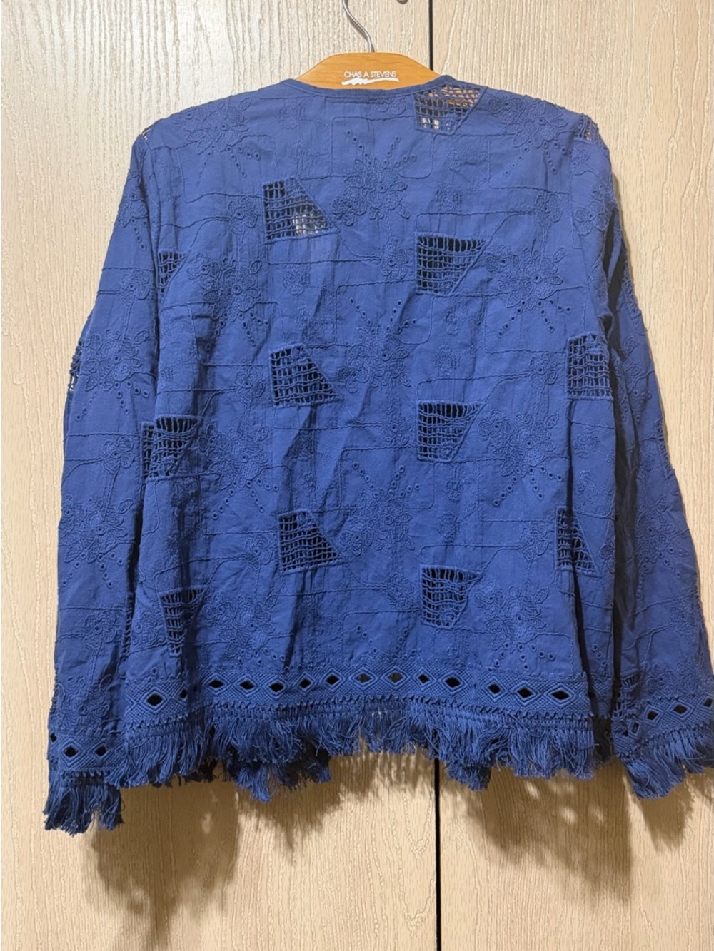 Johnny Was Blue Embroidered Jacket Boho Fringe Open Front Eyelet Size M - Picture 8 of 10